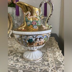Vintage Capodimonte Italy pitcher floral with cherubs gold gilt